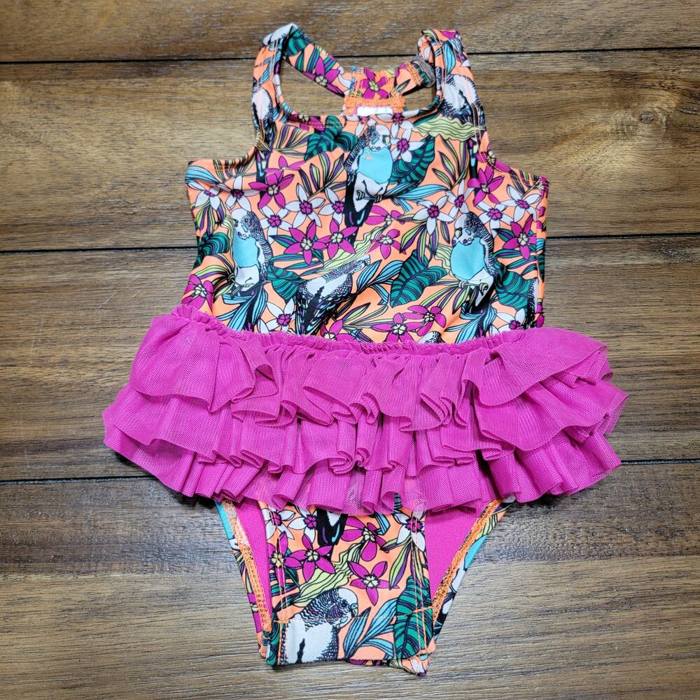 Cat & Jack Infant Orange & Pink Floral Parakeet Swimsuit w/ Tutu - Size 18m